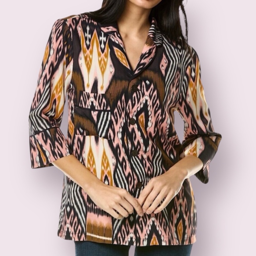NWT Figue Nova Abstract Tribal Button Up Blouse Top Brown Pink Black Size Small